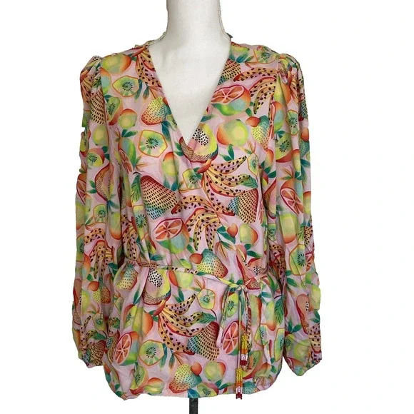 Farm Rio Wrap Blouse Womens XL Pink Rainforest Print Colorful summery Fairy Comf - Picture 2 of 16